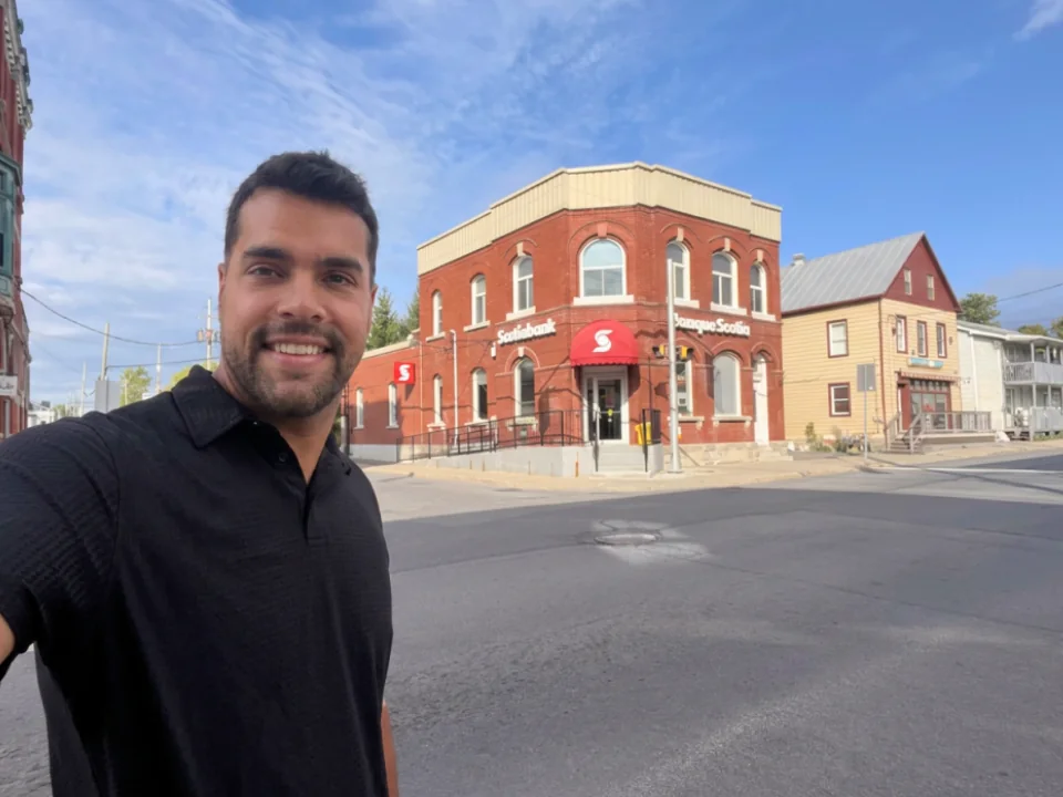 Local mortgage agent Philippe Alexandre in front of Scotiabank in Alexandria, Ontario